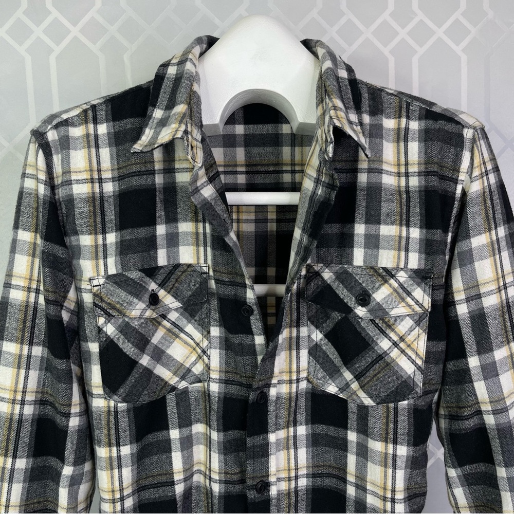 Burnside Black Ecru Plaid Flannel Button Down Shirt Size L